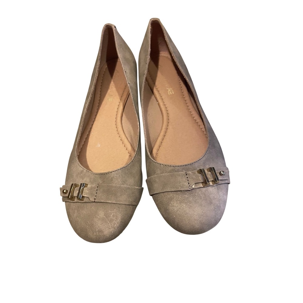 American Eagle Womens Taupe Gray Suede Ballet Flats Gold Buckle Size 12